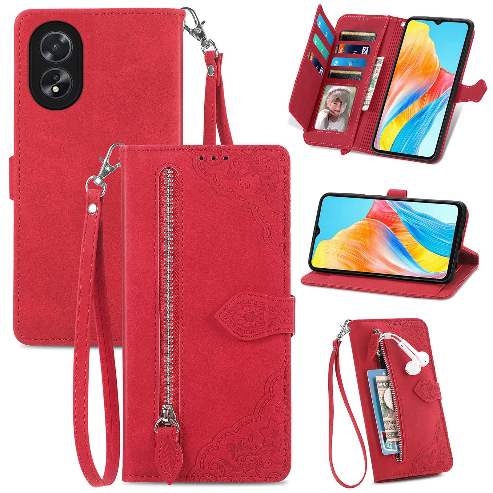 For Oppo A38 4G / A18 4G Case Flower Imprinted Leather Zipper Wallet Phone Cover For Oppo A38 4G / A18 4G Case Flower Imprinted Leather Zipper Wallet Phone Cover